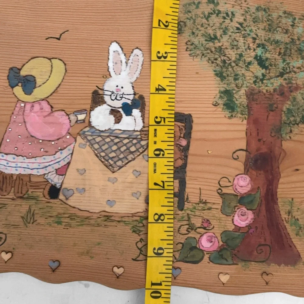 VTG 80s Hand Painted Wood Plaque Garden Tea Party Bunny Easter Scalloped Edge